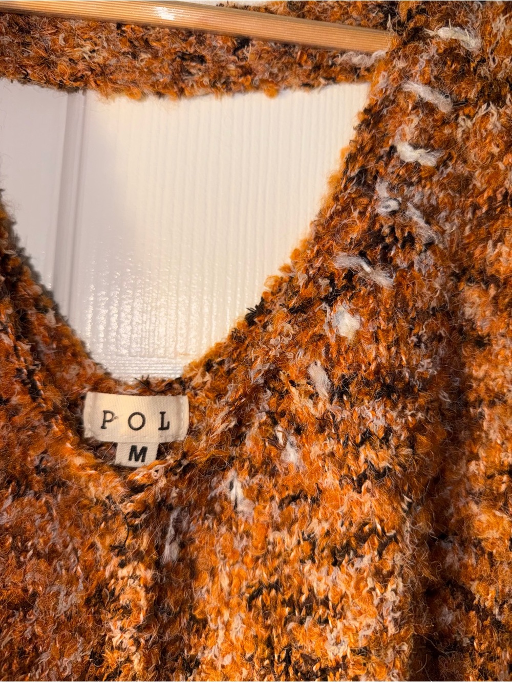 POL Orange Fuzzy Fringe Sweater Oversized V Neck Balloon Sleeve Boho M - Picture 4 of 8